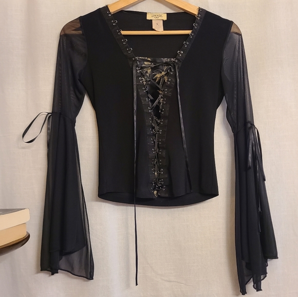 Vintage Whimsigoth Wide-Sleeve Mesh Lace Up Top - Picture 2 of 7